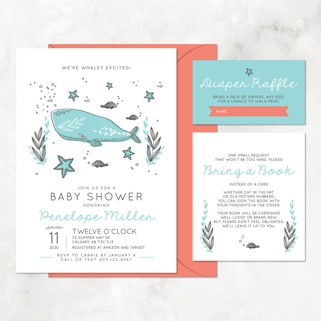 Whale Baby Shower Invitation Set — DIY or PRINTED