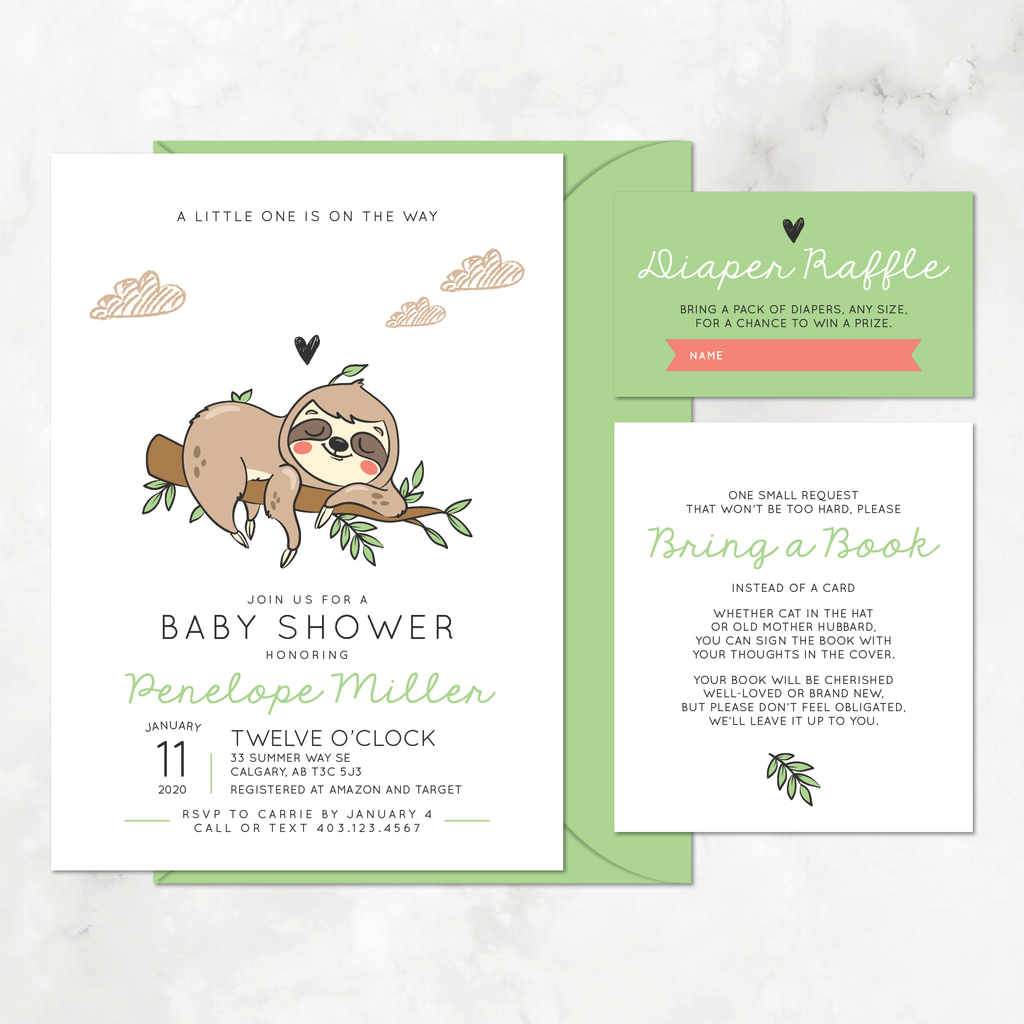 Sloth Baby Shower Invitation Set