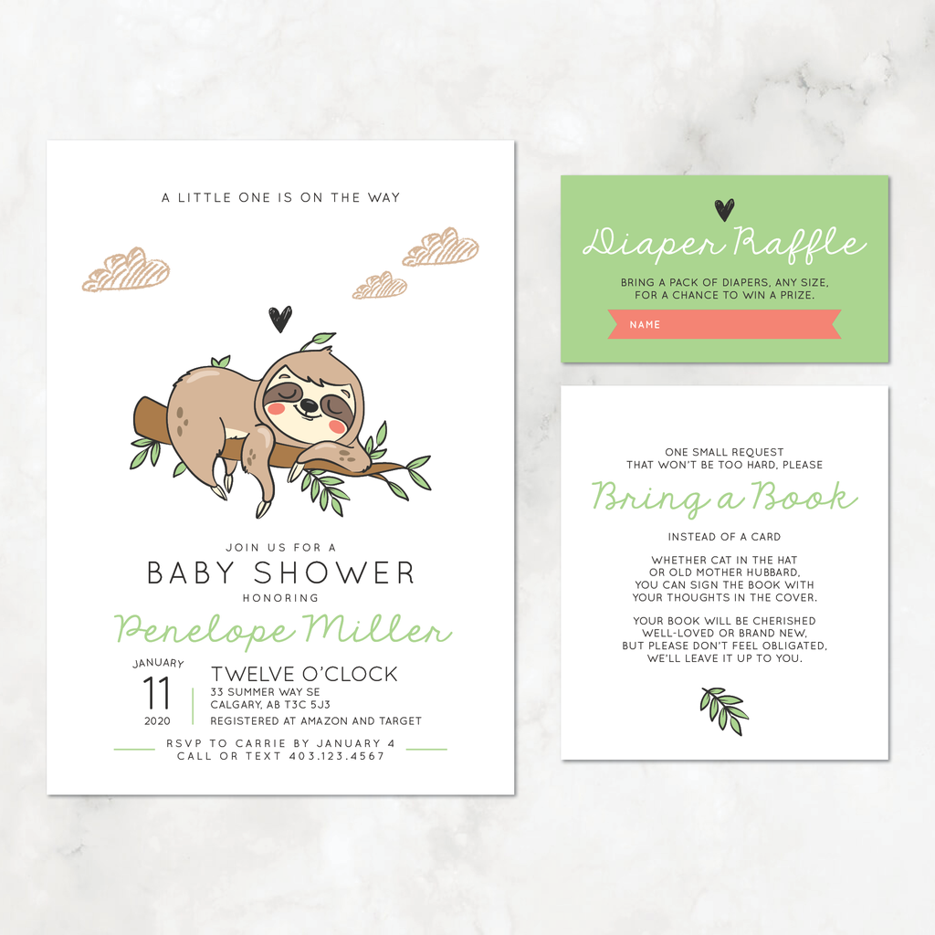 Sloth Baby Shower Invitation Set