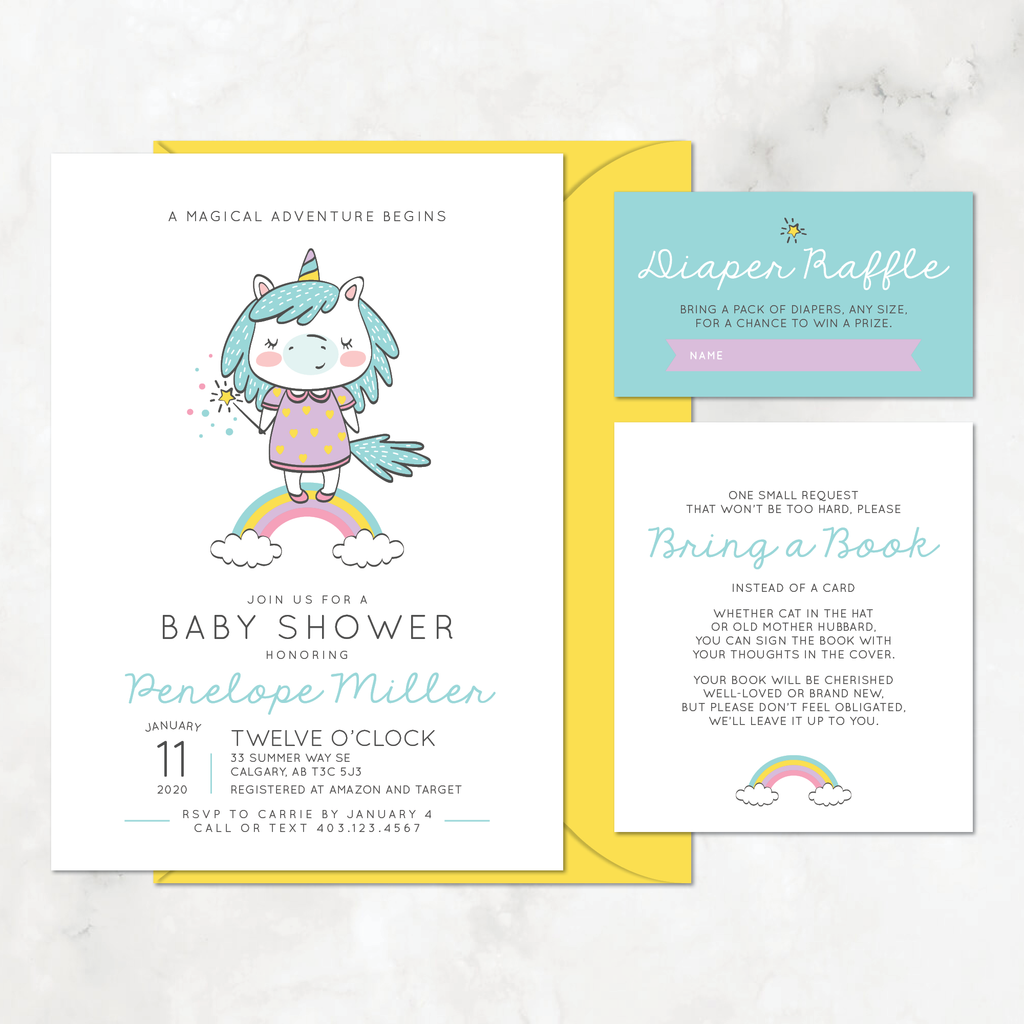 Unicorn Baby Shower Invitation Set, Girl