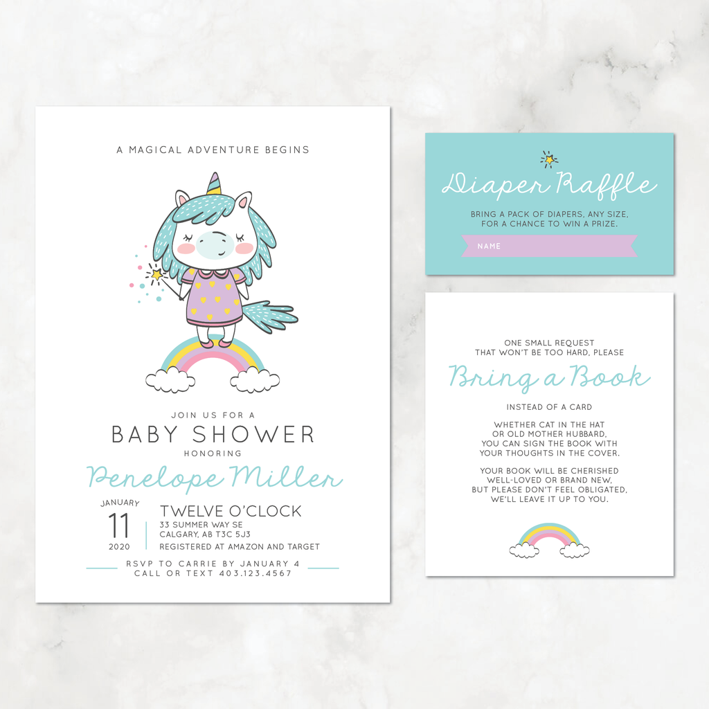 Unicorn Baby Shower Invitation Set, Girl
