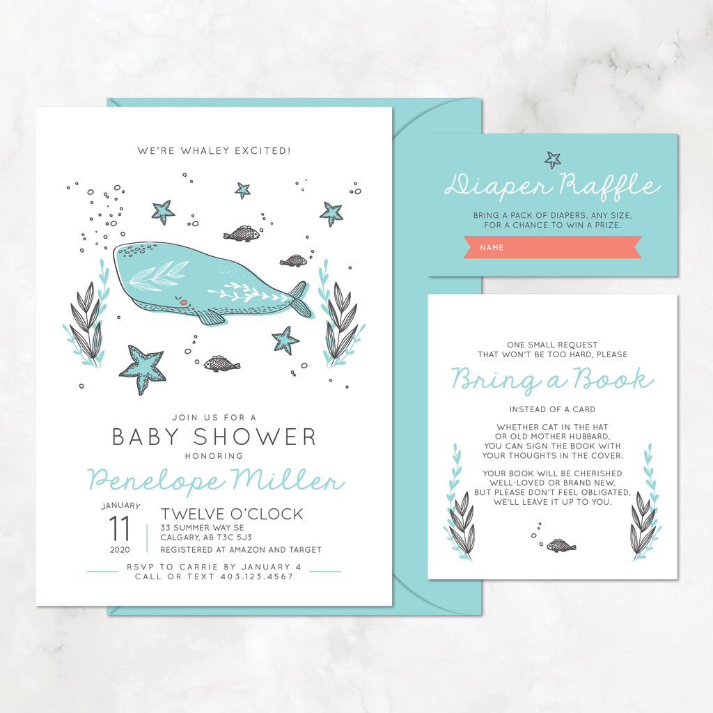 Whale Baby Shower Invitation Set — DIY or PRINTED